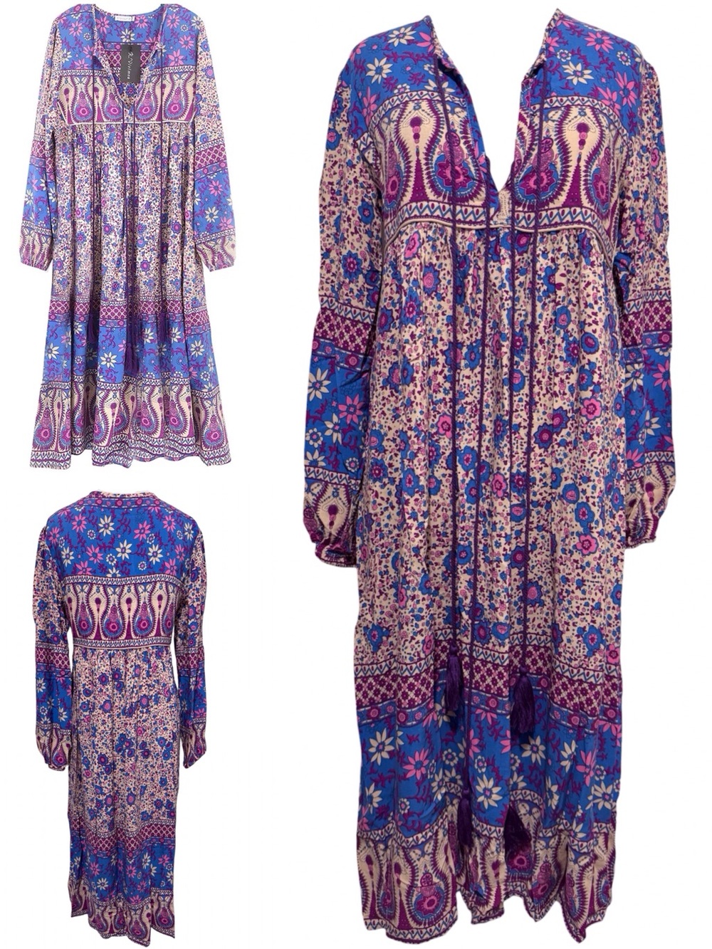 R.Vivimos Long Sleeve Floral Print Retro V Neck Tassel Bohemian Midi Dress 8 10